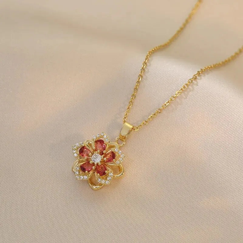 Spinning Zircon Flower Pendant Necklace