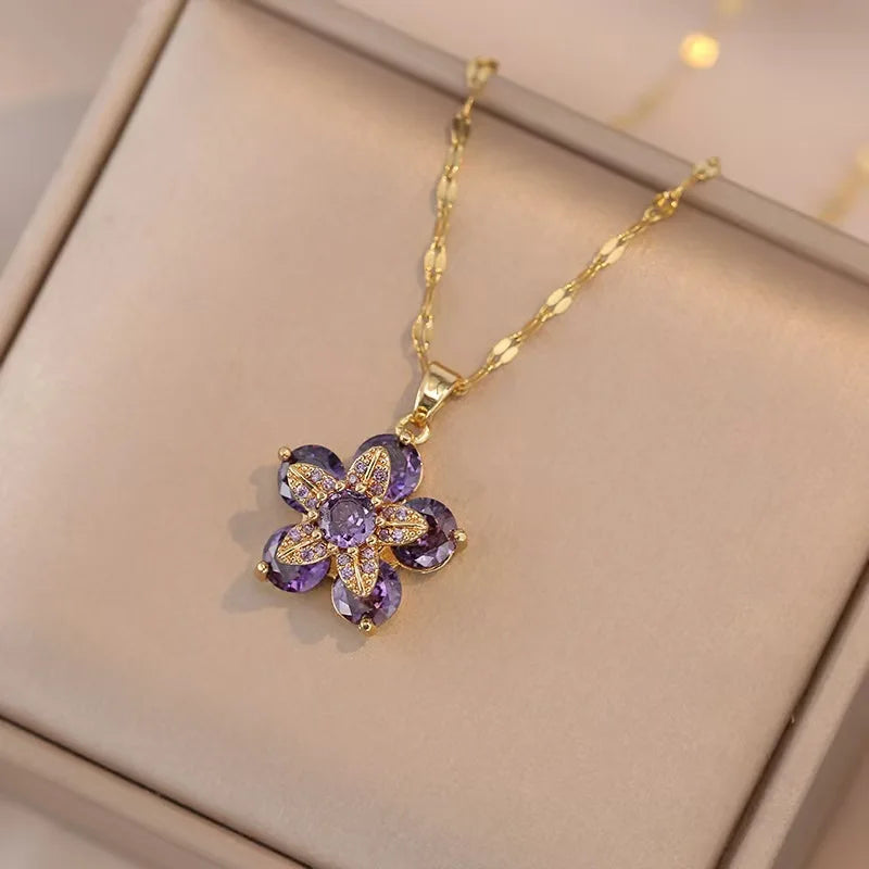 Spinning Zircon Flower Pendant Necklace