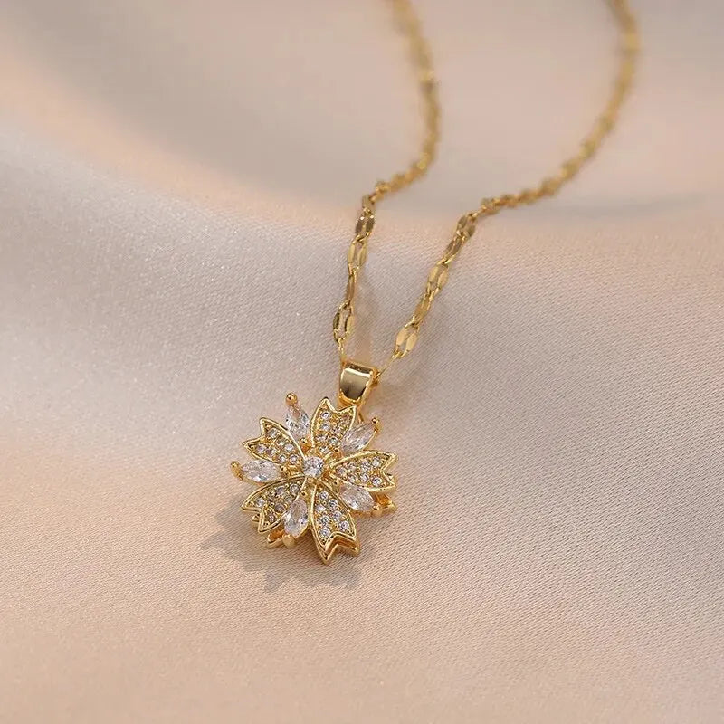 Spinning Zircon Flower Pendant Necklace